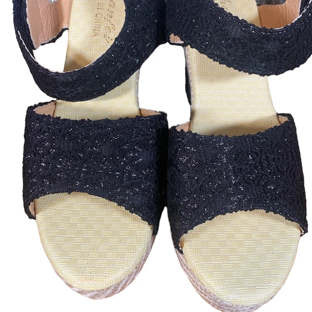 Women’s Metallic Black Wedge Espadrille Sandals Ankle Strap Velcro Size EU 38